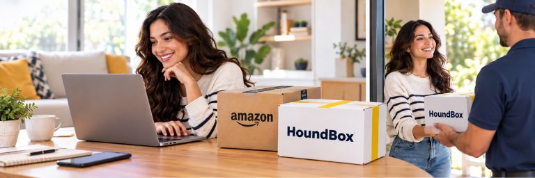 Mujer comprando en Amazon USA desde México y recibiendo su paquete con HoundBox