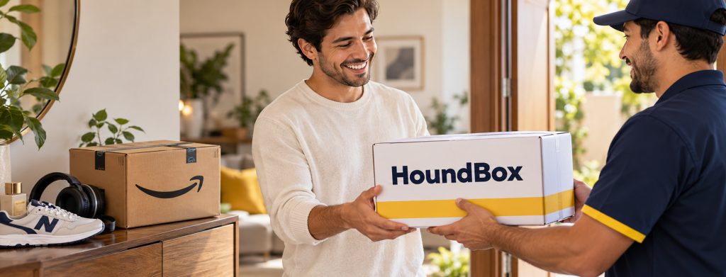 Hombre recibiendo en México un paquete comprado en Amazon USA mediante HoundBox